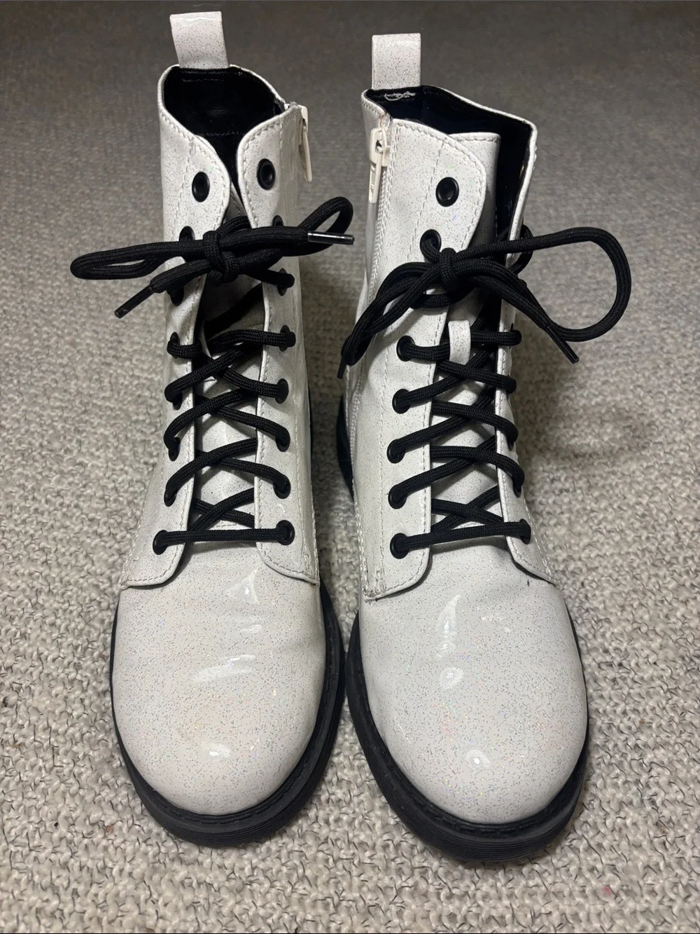 WHITE Glossy Sparkle Combat Boots,zip/lace